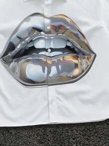 Manfinity Roghcode Men's Lip Print Front Button Casual Short Sleeve Shirt Men's Cropped Tops - White - View 4