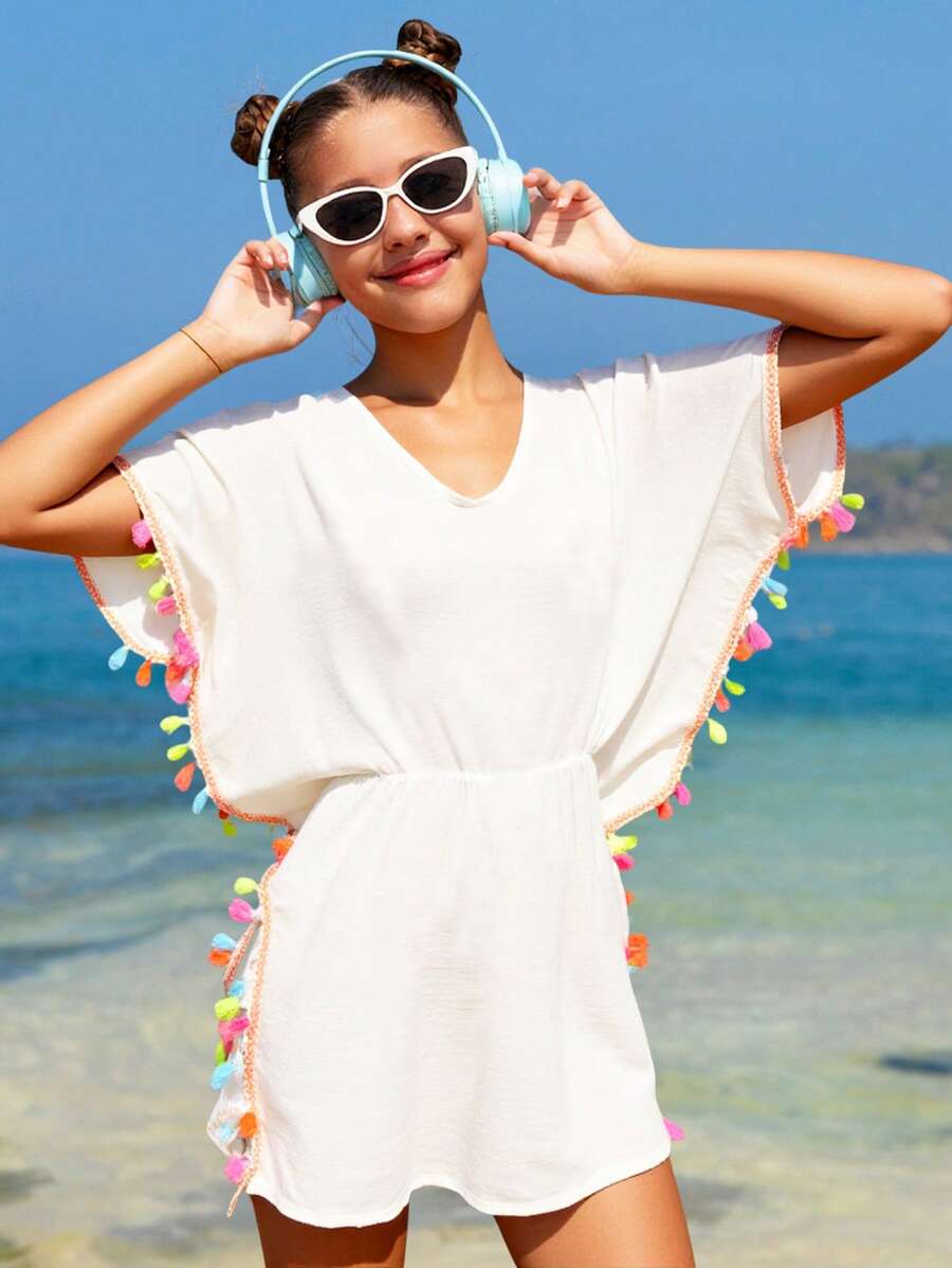 SHEIN Teen Girl Summer Vacation Beach Fashion Tassel Trim Cover Up Dress Young Girls Sets Beachwear Teen Cover Up Bathing Suit Cover Up Beach Cover Up Beach Cover Up Teen - White - View 1
