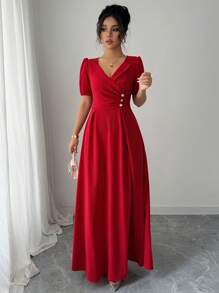 Elenzga Graduation Season V-Neck Gathered Waist A-Line Ruffle Trim Elegant Romantic Office Lady Dress - Red - View 4