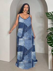 Slaydiva Music Festival Casual Simple Versatile Denim Effect Patchwork Pattern Print Plus Size Dress Suitable For Summer