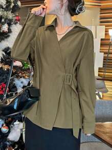 FRIFUL Women's Casual Loose Solid Color Belted Shirt, Turndown Collar Long Sleeve, Autumn