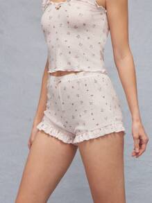 WESTFADE Spring Casual Ditsy Floral Printed Pointelle Knit High Rise Elasticized Waist Cute Rosette Front Ruffle Hem Lounge Shorts - Pink - View 3