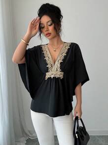 Elenzga Women's Blouse - Random Floral Print, Solid Color, Fashion For Summer - Black - View 4