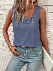 SHEIN LUNE Casual Solid Color Asymmetric Collar Sleeveless Shirt - Blue - View 3