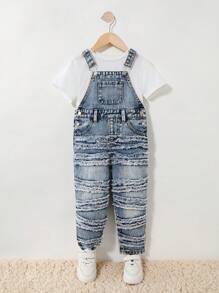 小男孩漂白流苏边背带工装裤 - 中等水洗藍 - 查看 3