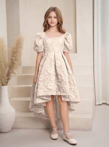 青少年女孩方形领口泡泡袖提花面料收腰褶皱 A 字连衣裙，优雅，适合情人节、婚礼、生日派对、伴娘 - 杏色 - 查看 5