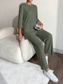 RueChic Drop Shoulder Split Hem Tee & Pants - Army Green - View 6