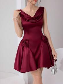 Modelyn 女士纯色垂领花卉装饰无袖优雅迷你连衣裙 - 酒紅色 - 查看 2