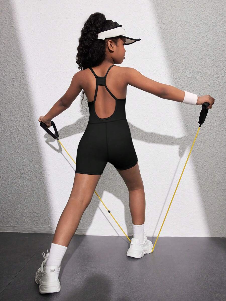 SHEIN Tween Girl Fitted Hollow Back Sleeveless Sports Top - Black - View 1