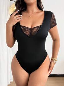SHEIN MOOSTA Body elegante e casual in maglia di taglia oversize con inserti in pizzo nero