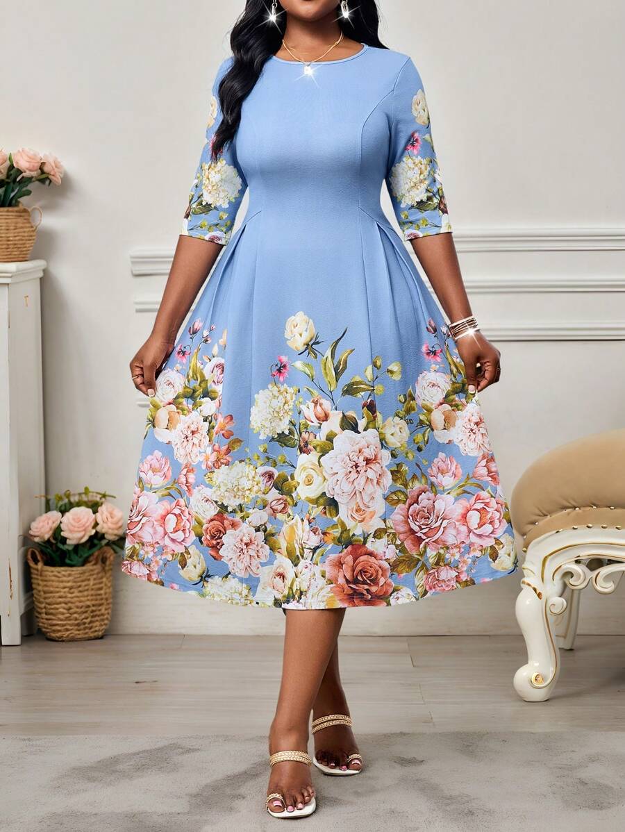 SHEIN Lady Abito elegante a maniche a lanterna da donna taglia forte, a tinta unita, scollo tondo, lungo e fluido, elegante per l'autunno e l'inverno. Abito lungo da donna taglia forte, a maglia, scollo tondo, maniche lunghe e ampi. Abito lungo da ballo in stile mascherata, con maniche lunghe, per occasioni formali. Abito lungo elegante da donna, adatto per feste di San Valentino, Capodanno, occasioni formali di lusso.