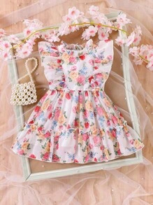 SHEIN Baby Girl Summer New Versatile Purple Ditsy Floral Cake Skirt Dress - Pink - View 3