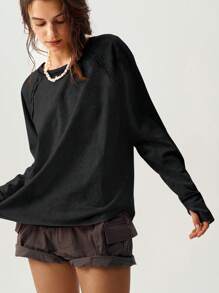 Bohemela Camiseta de manga larga de punto holgada de cuello redondo de color liso para mujer