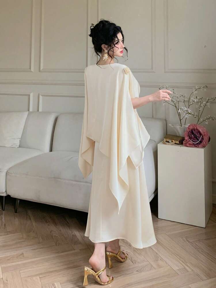 2pcs Women Solid Color Round Neck Asymmetric Blouse And Skirt Set