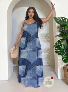 Slaydiva Music Festival Casual Simple Versatile Denim Effect Patchwork Pattern Print Plus Size Dress Suitable For Summer