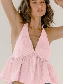 Aralina 条纹露背飘逸女性夏日度假上衣 - 粉色 - 查看 4