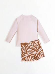 2pcs/Set Boys Fashion Casual Swimwear, Striped Swim Trunks + Solid Color Top, Suitable For Swimming, Beach, Vacation Young Boys 2 Pieces Young Boys Suit Set Young Sets Two Pieces Sets For Kids Two Pieces Set For Kids - Apricot - View 2