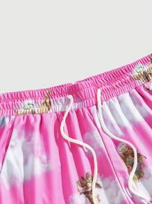 ROMWE MEN Men's Summer Casual Angel Print Drawstring Waist Shorts - Multicolor - View 3