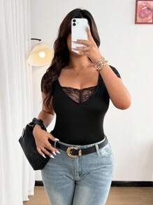 SHEIN MOOSTA Body elegante e casual in maglia di taglia oversize con inserti in pizzo nero