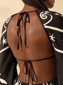 CAJUNI 女式波西米亚风热带复古印花长袖荷叶边后背系带连衣裙，黑色休闲度假连衣裙 - 彩色 - 查看 7