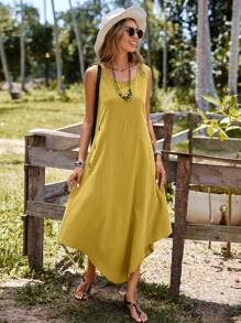 SHEIN LUNE Solid Button Detail Asymmetrical Hem Tank Dress - Yellow - View 6