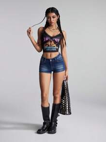SHEIN ICON 女士十字绣口袋休闲百搭牛仔短裤 - 藍色 - 查看 3