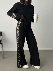 ZIRRA 女式豹纹拼布连帽衫和裤子休闲两件套 - 黑色 - 查看 1