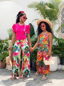 2 Pieces Set: Teen Girls Solid Color Knitted Puff Sleeve Top And Colorful Printed Wide Leg Pants, Casual, Suitable For Summer Trips