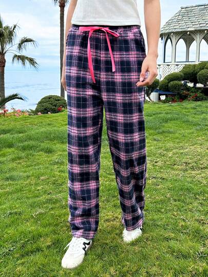 SHEIN EZwear Pantalones de cintura con nudo de cuadros con bolsillo oblicuo