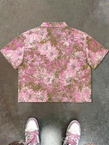 PAVTROS 男士蓝色向日葵字样和飞马图案印花拉链衬衫