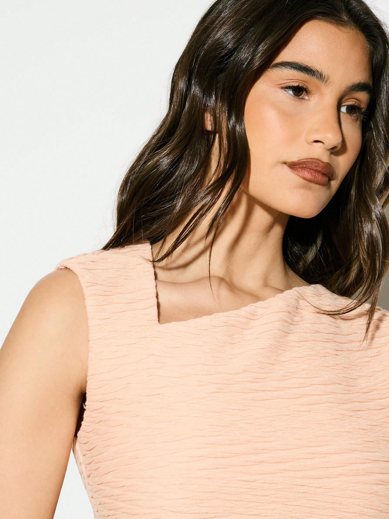 KIZN Ruched Textured Sleeveless Crop Tank With Draped V-Neck