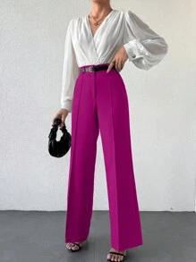 EURMUSE Women's Solid Color Toothpick Striped Design Straight Leg Loose Elegant Pants - Mauve Purple - View 4