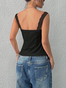 SHEIN EZwear 女款休閒性感純色對比蕾絲修身背心，適合夏季夜晚外出與夜店，黑色 - 黑色 - 查看 2