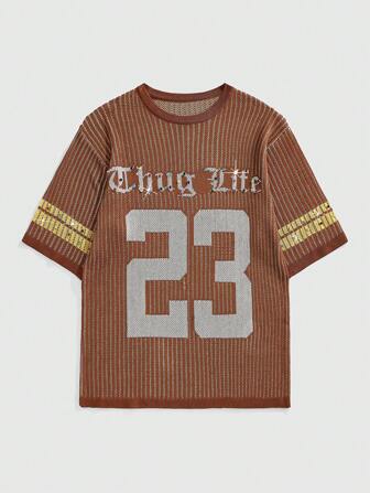 Top de cuello redondo de manga corta de punto con estampado de letra, de estilo casual y moderno para el verano