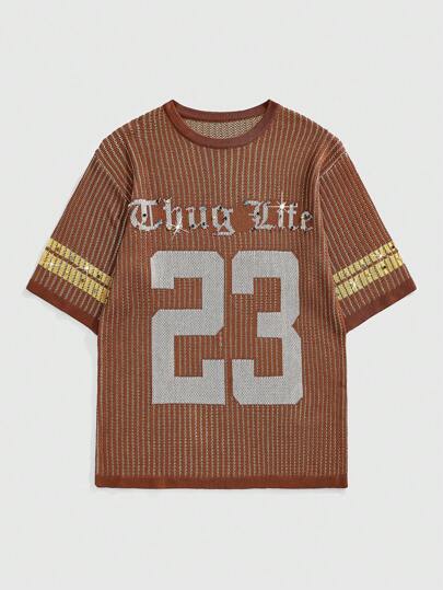 Top de cuello redondo de manga corta de punto con estampado de letra, de estilo casual y moderno para el verano