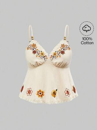 Fairycore Vintage lässiges Urlaubs Top für Frauen mit floraler Stickerei, Perlenverzierung und weitem Saum