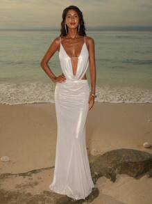 Opulessa Summer Beach Vacation Sexy Elegant Ocean 2pcs/Set Women Solid Color Draped Neck Top & Low Waist Skirt Set