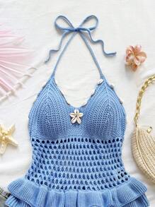 Soleia Women Solid Color Hollow Ruffled Hem Halter Knit Top Suitable For Dates Afternoon Tea Vacations Music Festivals Bohemian Style - Blue - View 4