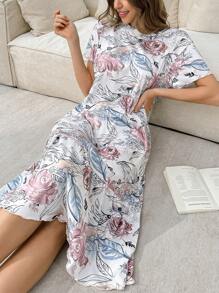 SHEIN 满花印花生菜下摆休闲女式睡袍，Moo Moo - 杏色 - 查看 4