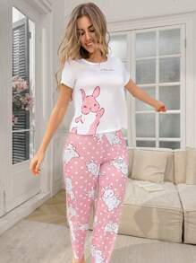 SHEIN Cute Rabbit And Letter Print Casual Women Pajama Set - Pink - View 5