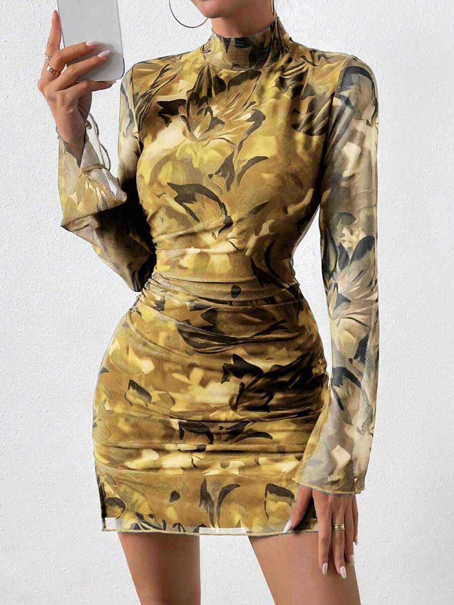 SHEIN Unity Women's Elegant Floral Allover Print Stand Collar Bodycon Mini Dress Fall Cloth For Women - Multicolor - View 1