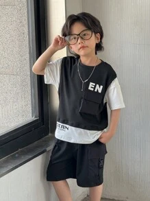 SHEIN 2pcs Young Boy Summer Street Style Letter Print Colorblock Short Sleeve Top And Casual Shorts Set - Black - View 7