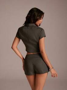 TRNVIE 1pc Women Striped V-Neck Short Sleeve Fitted Blazer & Asymmetric Hem Mini Skirt Set, Spring/Summer,Graduation Outfit. - Dark Grey - View 2