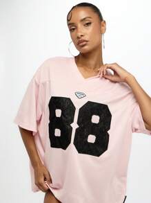 SUMWON WOMEN Oversized Varsity Jersey V Neck Tee Mesh Baller Applique Street Style Fashion Lounge Oversize Fit - Pink - View 6