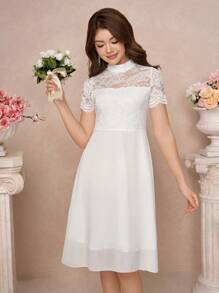 SHEIN Pitira Vestido de encaje blanco semitransparente y parches de gasa hasta la mitad de la pierna para niñas adolescentes, apropiado para ocasiones como fiestas, elegante, bodas, regreso a clases, graduación