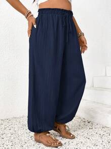 SHEIN Frenchy Plus Size Solid Color Paper Bag Waist Tied Loose Wide Leg Pants