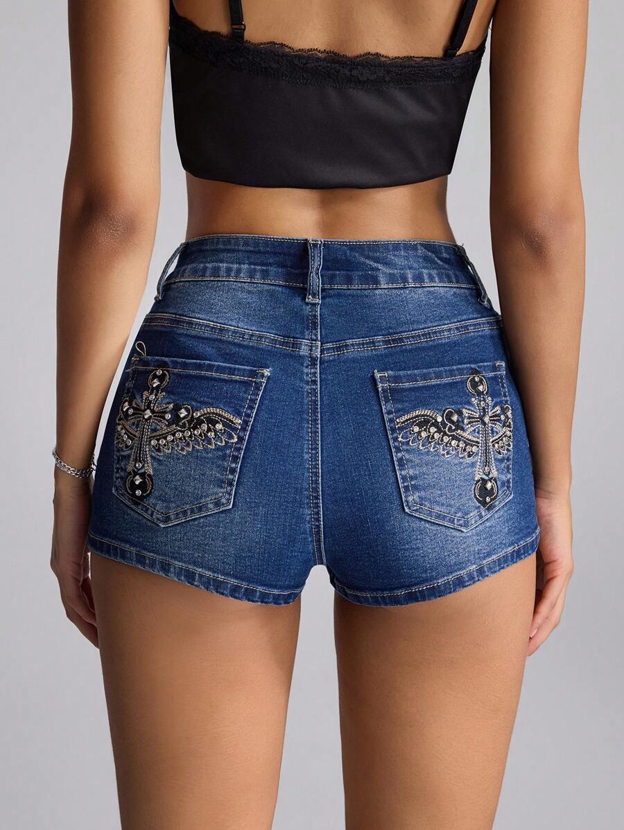 SHEIN ICON 女士十字绣口袋休闲百搭牛仔短裤 - 藍色 - 查看 1