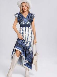 SHEIN LUNE Paisley Print Long Dress For Women With Shirred Waist And A-Line Skirt, Spring - Multicolor - View 6