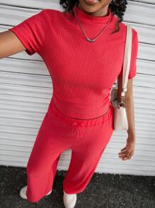 SHEIN 2pcs/Set Teenage Girls Textured Stand Collar Short Sleeve T-Shirt + Casual Long Pants