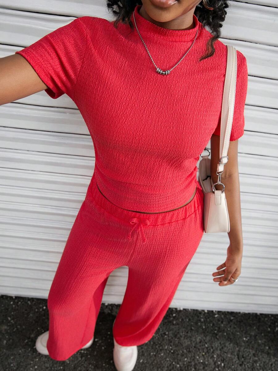 SHEIN 2pcs/Set Teenage Girls Textured Stand Collar Short Sleeve T-Shirt + Casual Long Pants